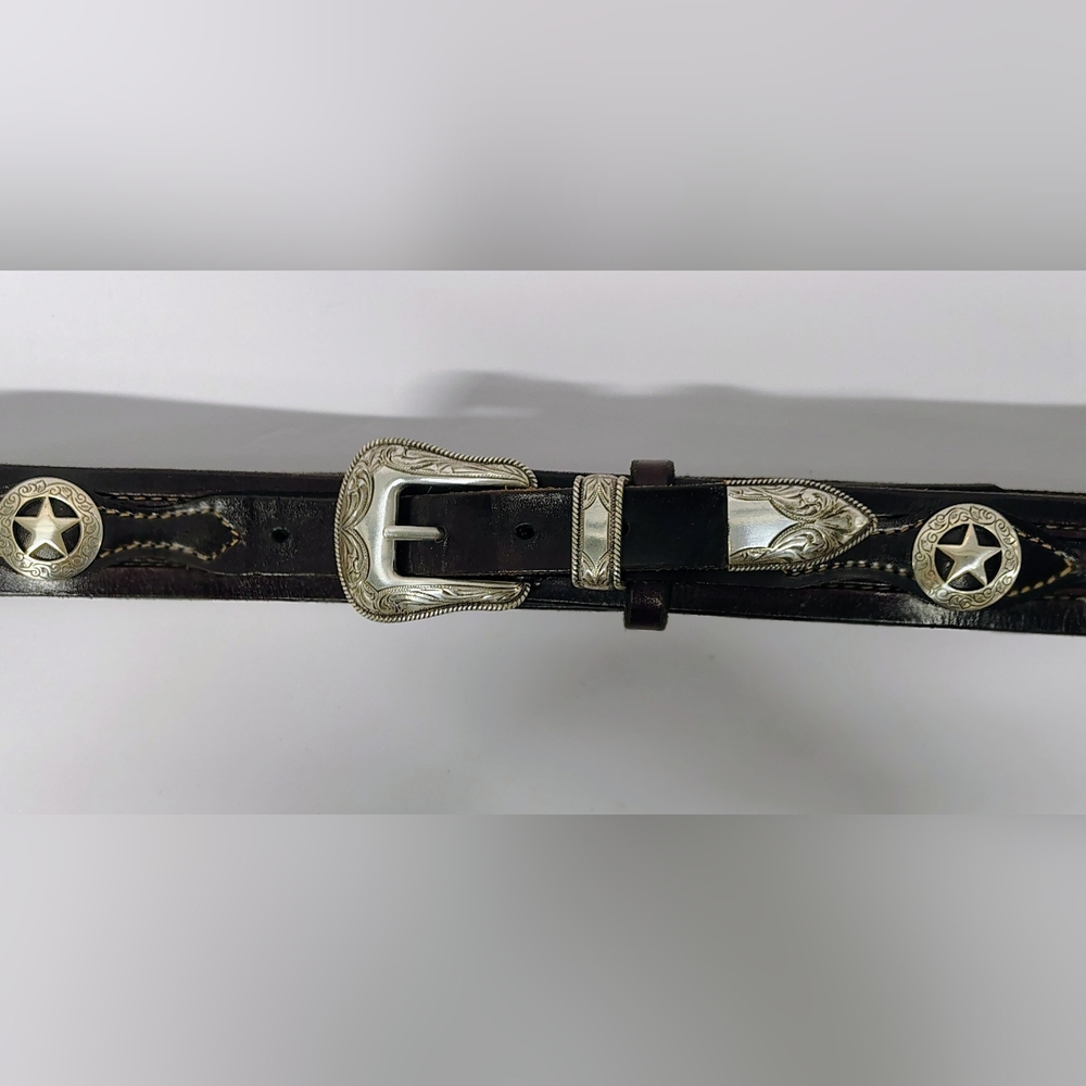 LEATHER MEN'S BELT WESTERN HANDMADE,  FILIGREE SILVER BUCKLE, ⭐ CONCHOS Sz 42-46 - Picture 12 of 15